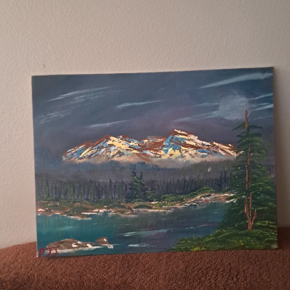 Hand Panted Cardstock Canvas Oil Paint Acrylic Paint Card Canvas  Dark Mountains